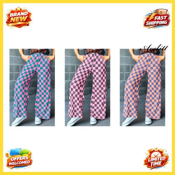 Checkered Wide Leg Pants Elastic Waist Comfortable Casual Loose Fit with Pockets - Picture 5 of 5